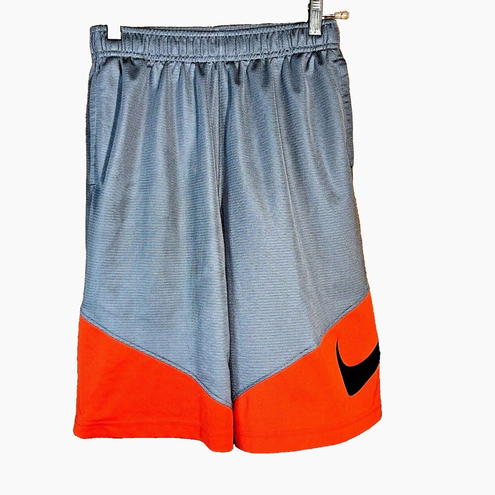 Nike Dri-Fit Youth Training Shorts Gray Orange Big Swoosh Logo Size L Unisex